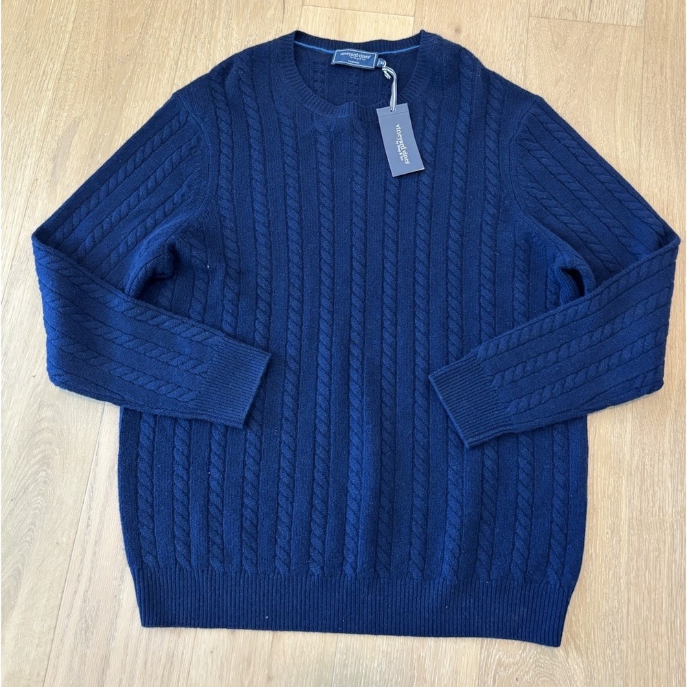 NWT $298 Vineyard Vines Men's 100% Cashmere Cable Knit Crew Navy Blue Sweater XL